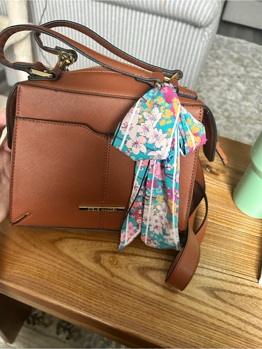 Steve Madden Brown Crossbody Satchel with Floral Scarf Accent